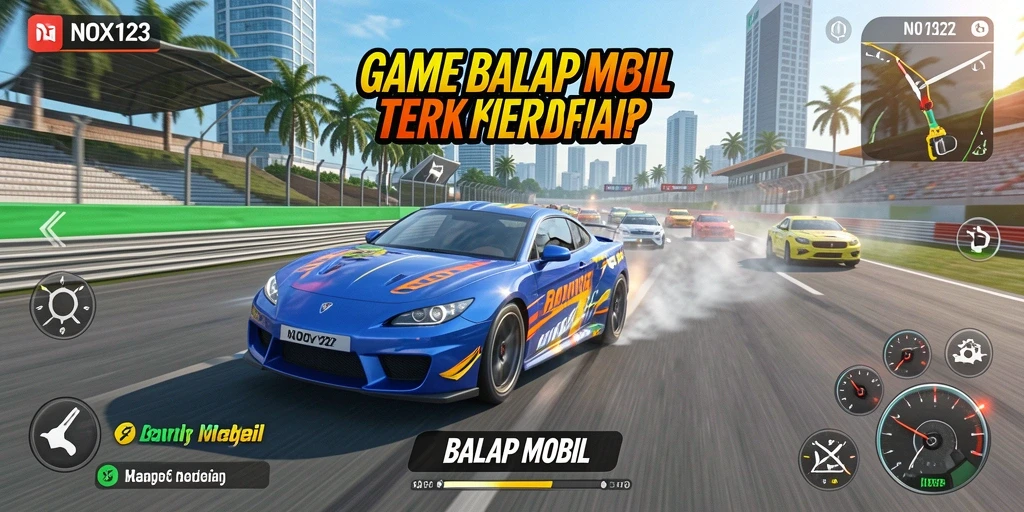 Screenshot utama NOX123 menunjukkan aksi balap mobil yang mendebarkan di sirkuit yang menawan.