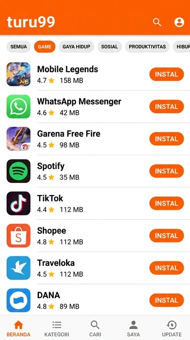 Tampilan katalog aplikasi turu99